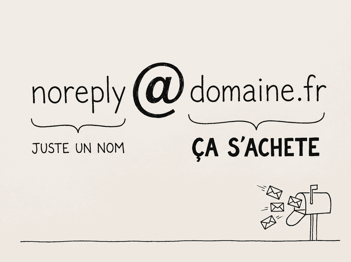 L'adresse noreply@domaine.fr coupée en deux par l'arobase. À gauche, « juste un nom ». À droite, le domaine, avec la mention « ça s'achète ». Une boîte aux lettres reçoit les courriers.