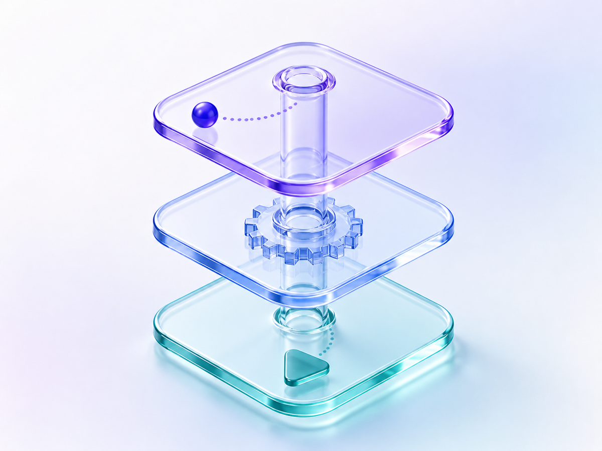 Trois modules de verre reliés : un signal entre, traverse un engrenage, devient une action puis revient par une boucle claire.